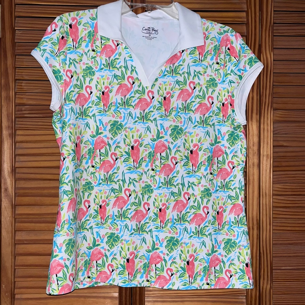 Coral‎ Bay Golf V Neck Collared Shirt Size Medium Flamingo Print